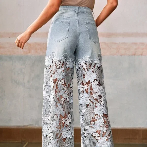 Blue Boho Women's Lace Rhinestone Straight Leg Pants - Picture 2 of 7